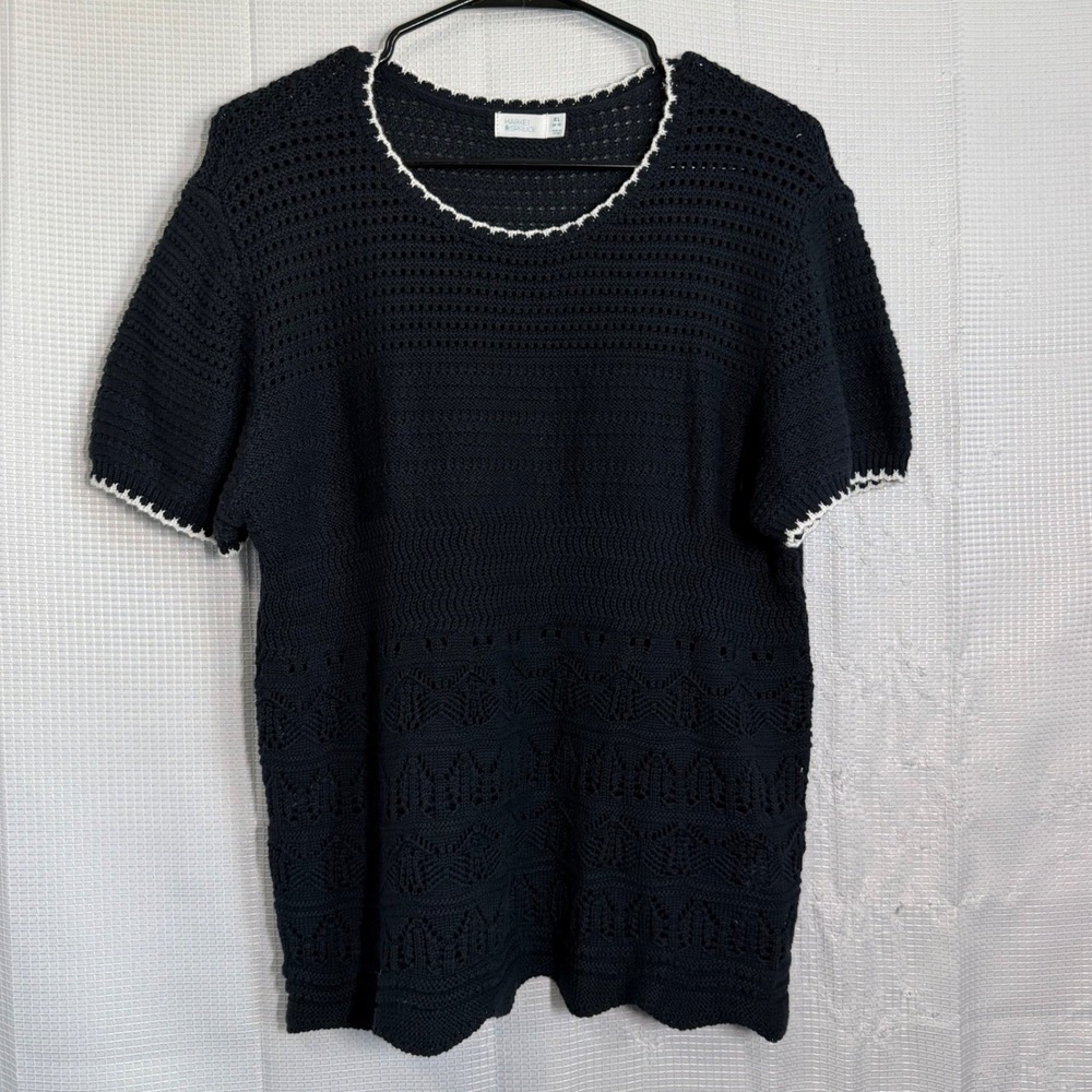 Market & Spruce Sweater Top Cotton Blend Crochet Trim Navy Blue XL Boho Casual